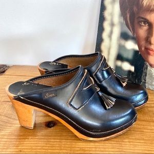 Sven Swedish clogs size 8 vintage tassel penny loafer heels black rare
